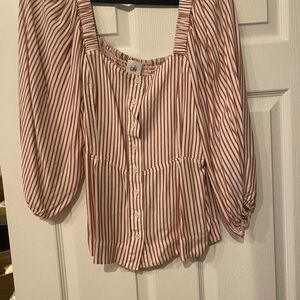 CAbi Pink and White Blouse Puff Sleeve Tie Front